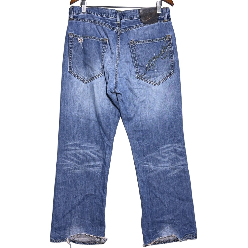 Ed Hardy Straight Fit Y2K Jeans Mens Size 34x30 Distressed Blue Streetwear